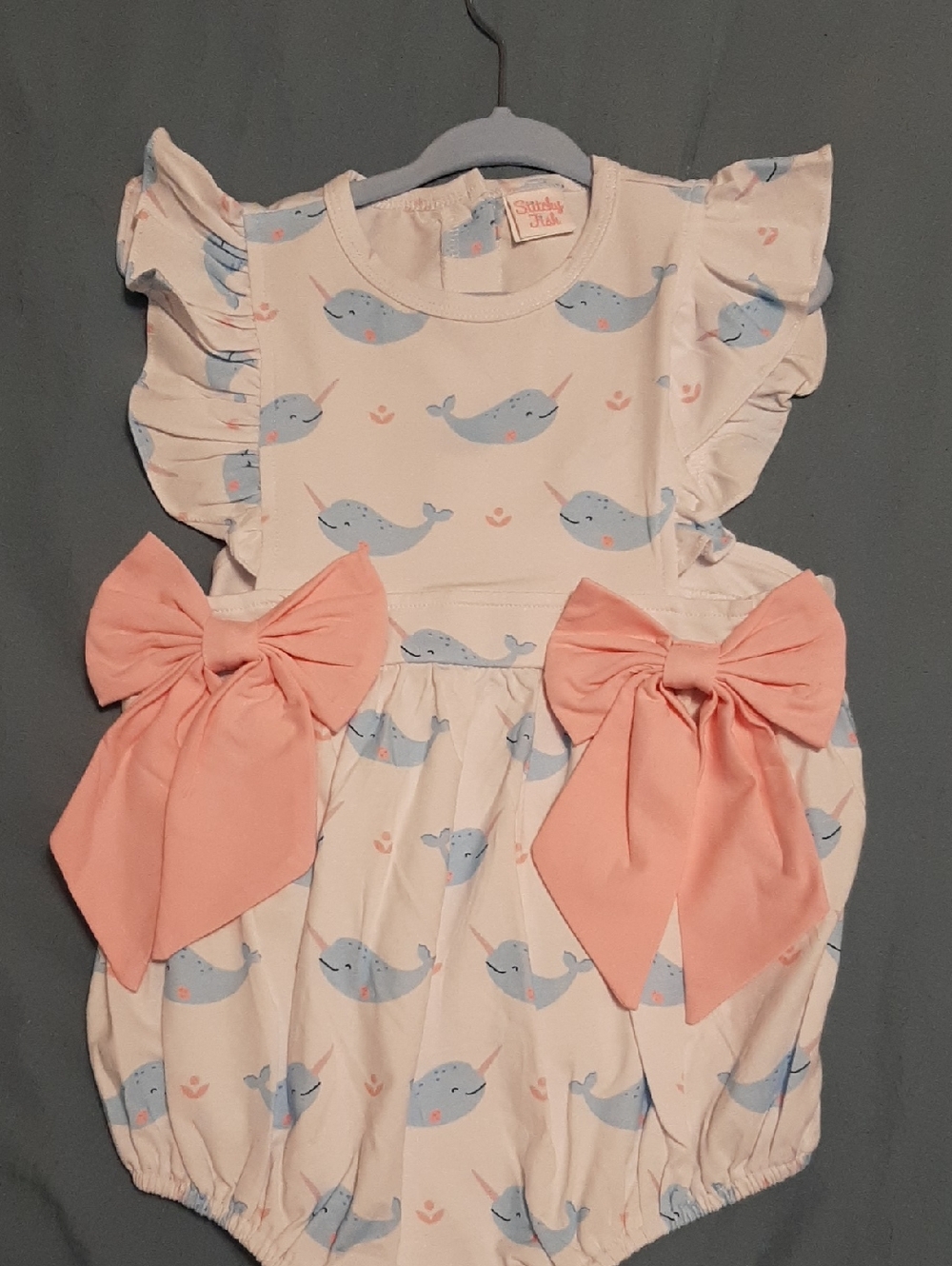 Stitchy Fish New Nellie Narwhal Romper with Pink Bows 2t PRECIOUS